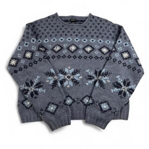 Blue Grey Snowflake Sweater - Women's Large Langents Fair Isle Knit Pullover